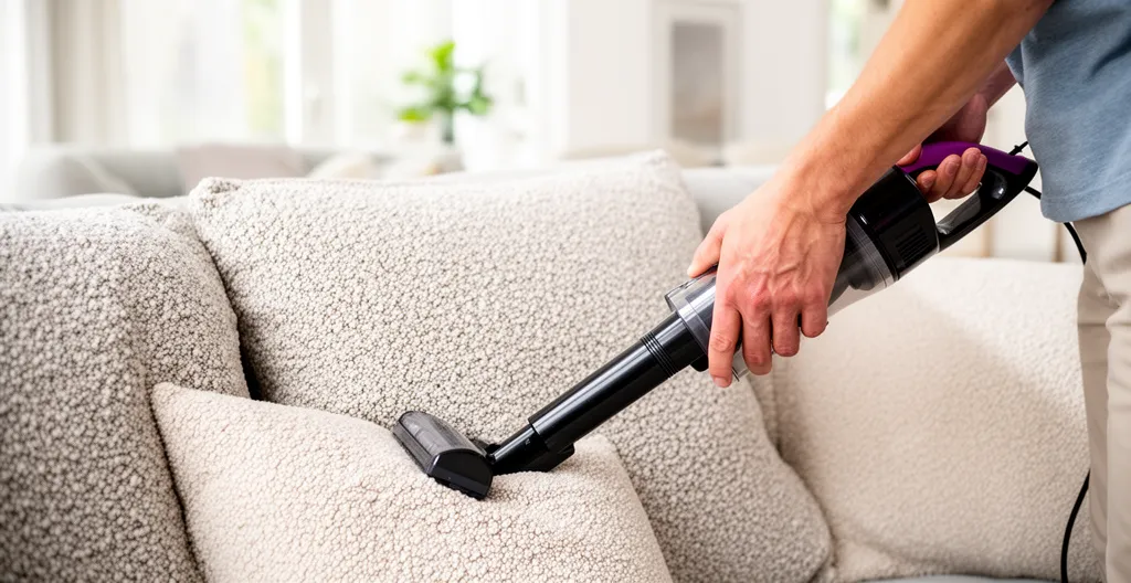 Personne passant un aspirateur à main sur l'assise d'un canapé bouclette