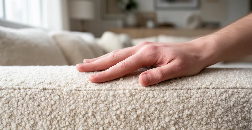 Main adulte posée sur tissu bouclette montrant la texture bouclée